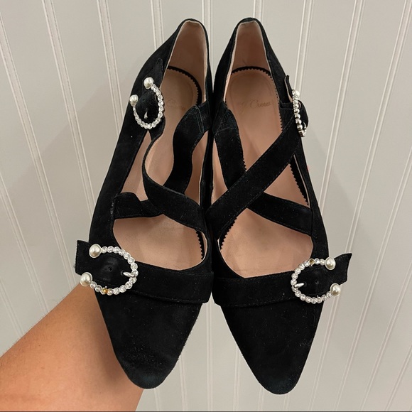 J. Crew Black Suede Marina Flats with Cross Straps Embellished Buckles Sz 9
